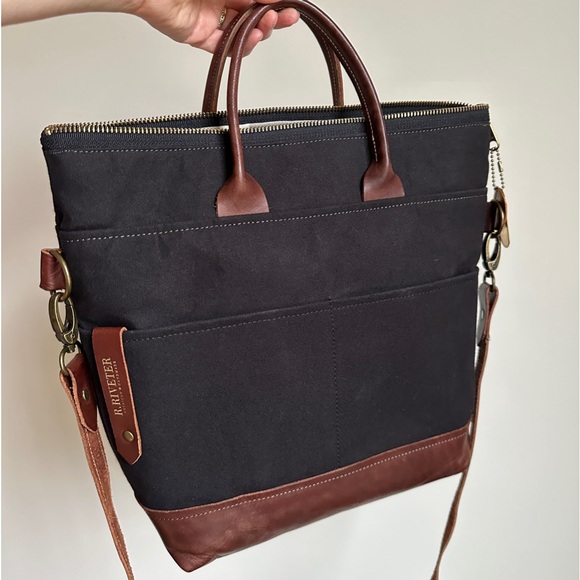 R Riveter Otto Black Canvas Crossbody Bag Tote Leather Military - Picture 4 of 17